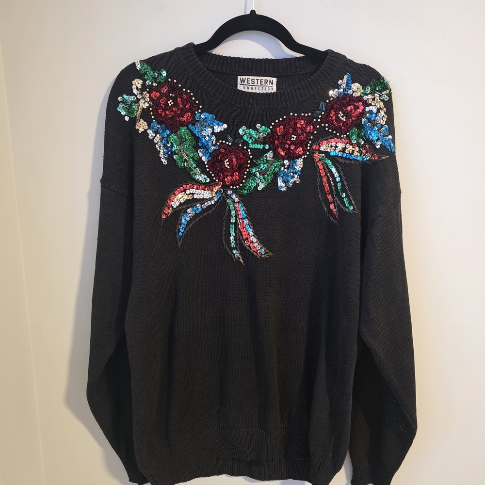 Western Connection Black Sequin Floral Sweater - Picture 3 of 11